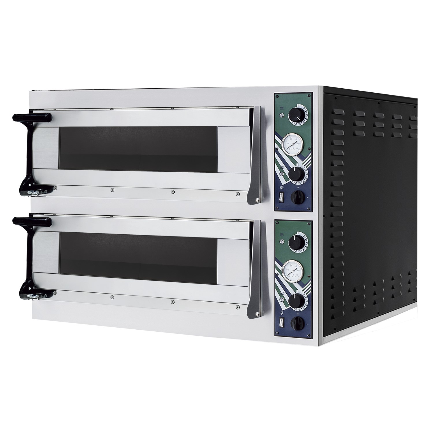 Hostek Stainless Steel & Black Nevo 44 Commercial Double Deck Pizza Oven 8 X 13 Pizzas 1 Phase