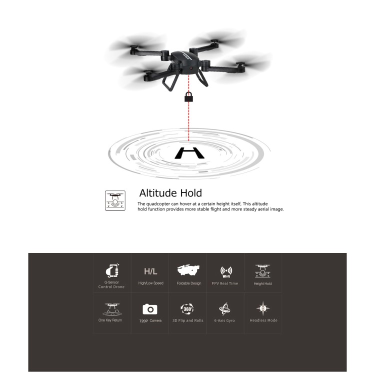 Toy Foldable Mini Drone Wifi 720P with One Key Return and altitude Hold in Black