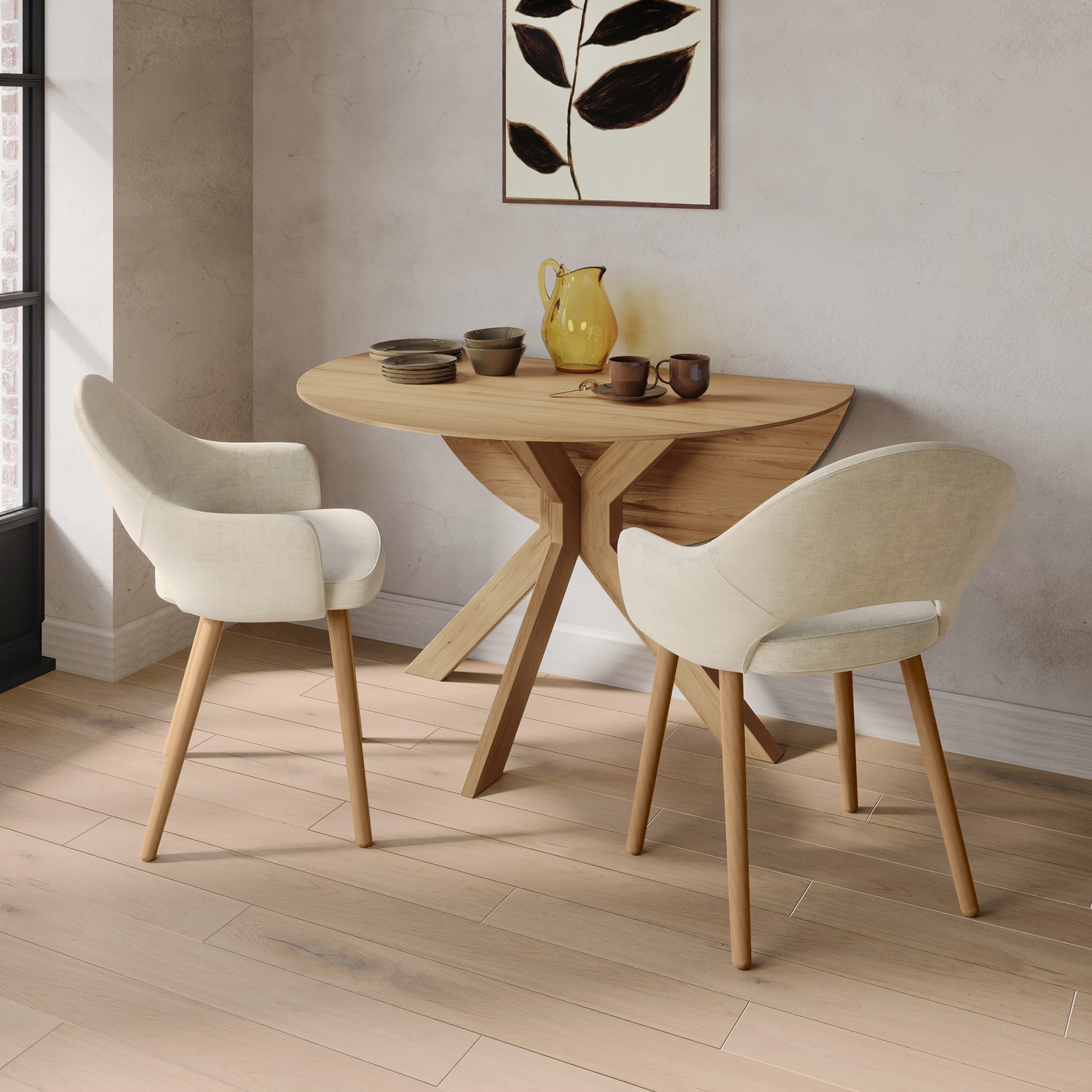 Brown Small Oak Drop Leaf Space Saving Round Extendable Dining Table - Seats 2 - 4 - Carson - Image 2