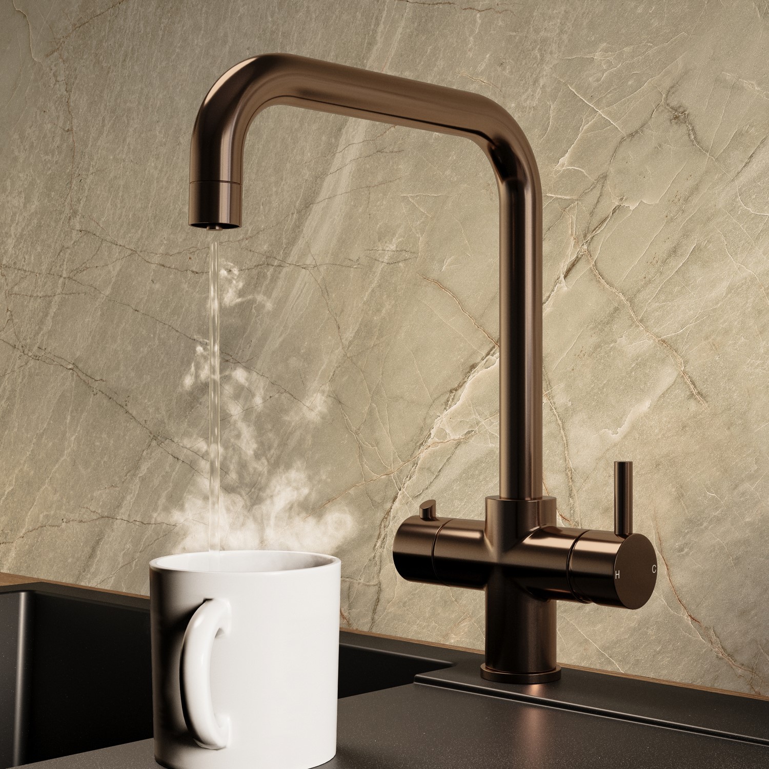 Image of Brushed Bronze 3 in 1 Instant Boiling Hot Kitchen Mixer Square Tap with 3L Boiler - Pronto Vesta PDT-000091-51-52 Bronze