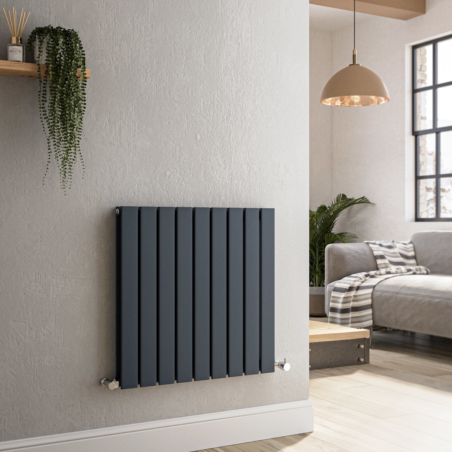 Riace Anthracite Horizontal Flat Designer Radiator 600X612mm Double Panel 2313 Btu - Image 3