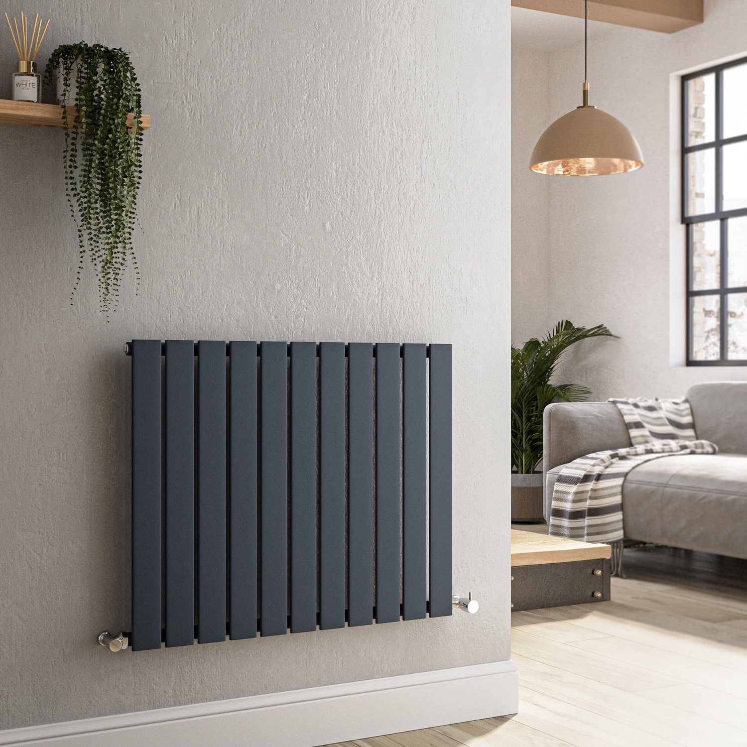 Riace Anthracite Horizontal Flat Designer Radiator 600X748mm Single Panel 1589 Btu HS11-600-DGCF - Image 3