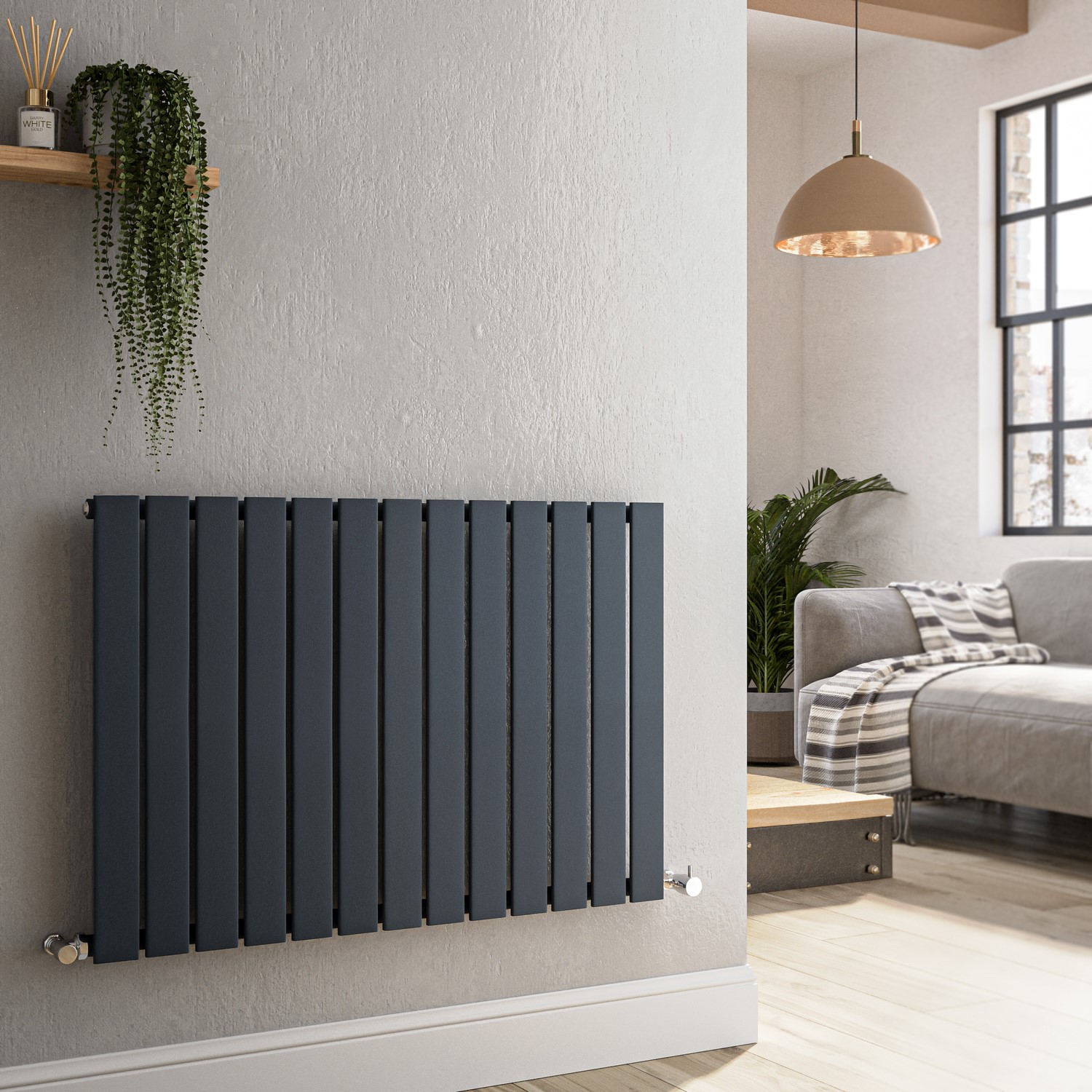 Riace Anthracite Horizontal Flat Designer Radiator 600X884mm Single Panel 2065 Btu HS13-600-DGCF - Image 3