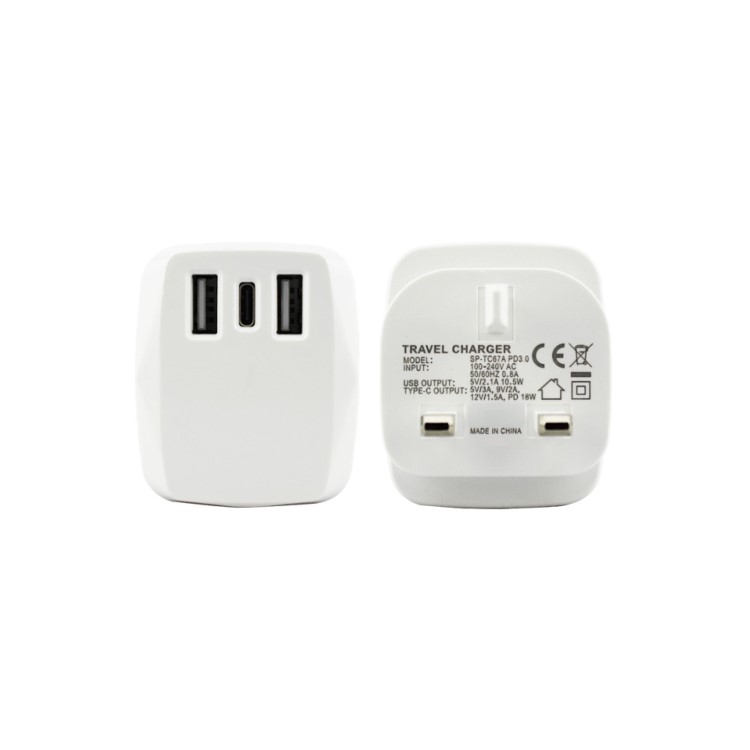 Dual USB 18W Mains Charger 2 x USB 1 x USB-C in White