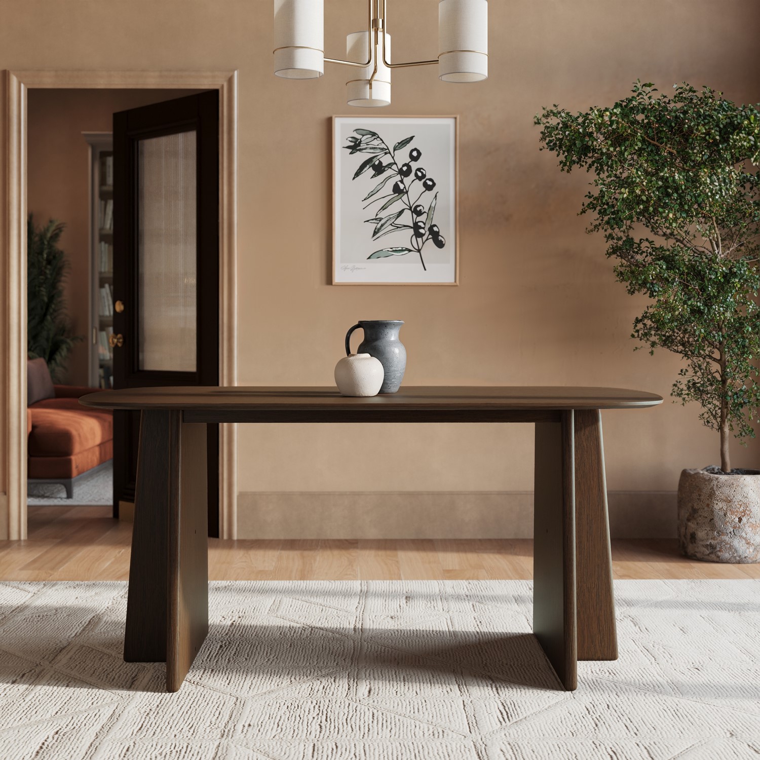 Brown Walnut Dining Table Set With 6 Beige Faux Leather Curved Back Dining Chairs - Seats 6 - Noor - Image 3