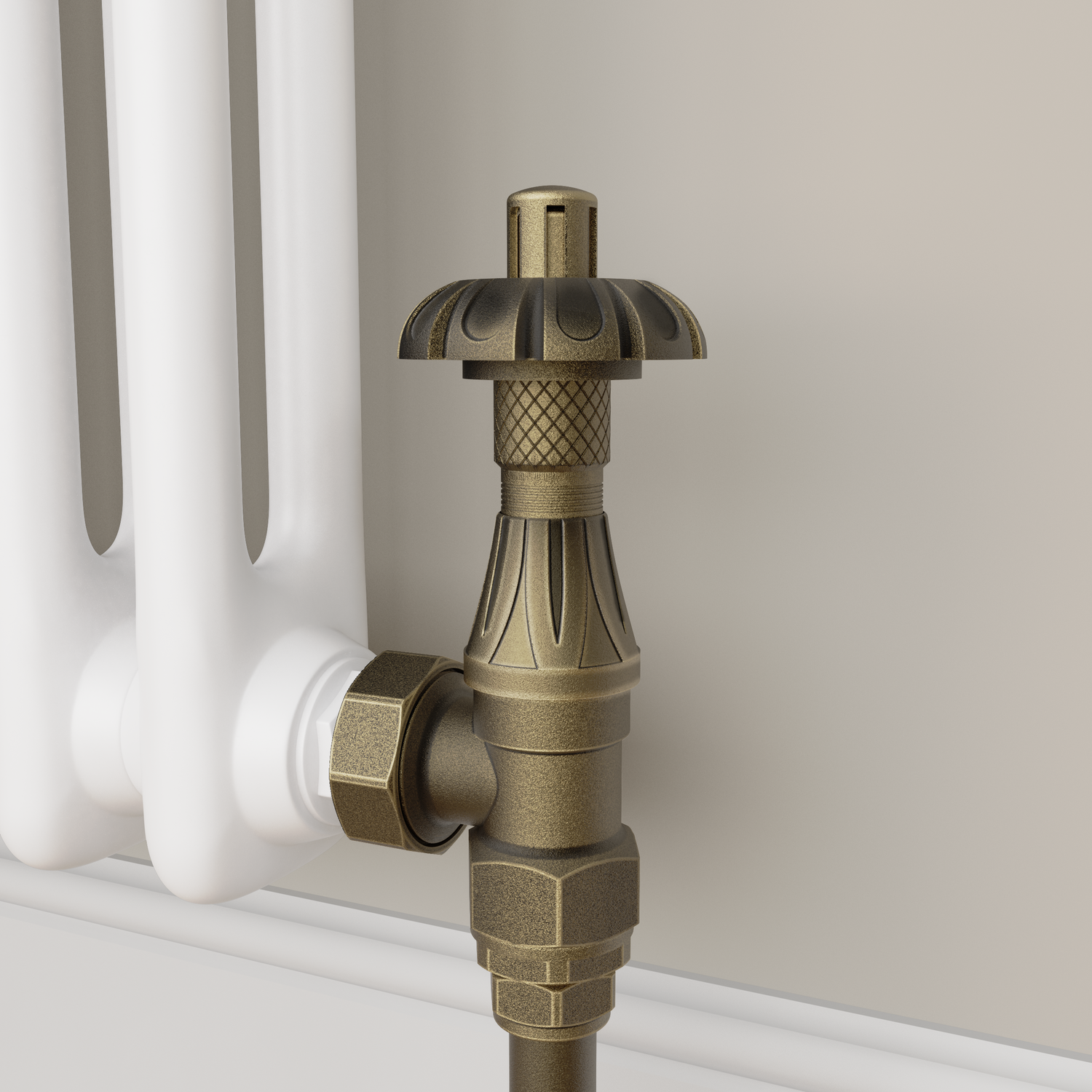 Maesta Brass Antique Traditional Trv Angled Thermostatic Radiator Valves With Lockshield - Image 3