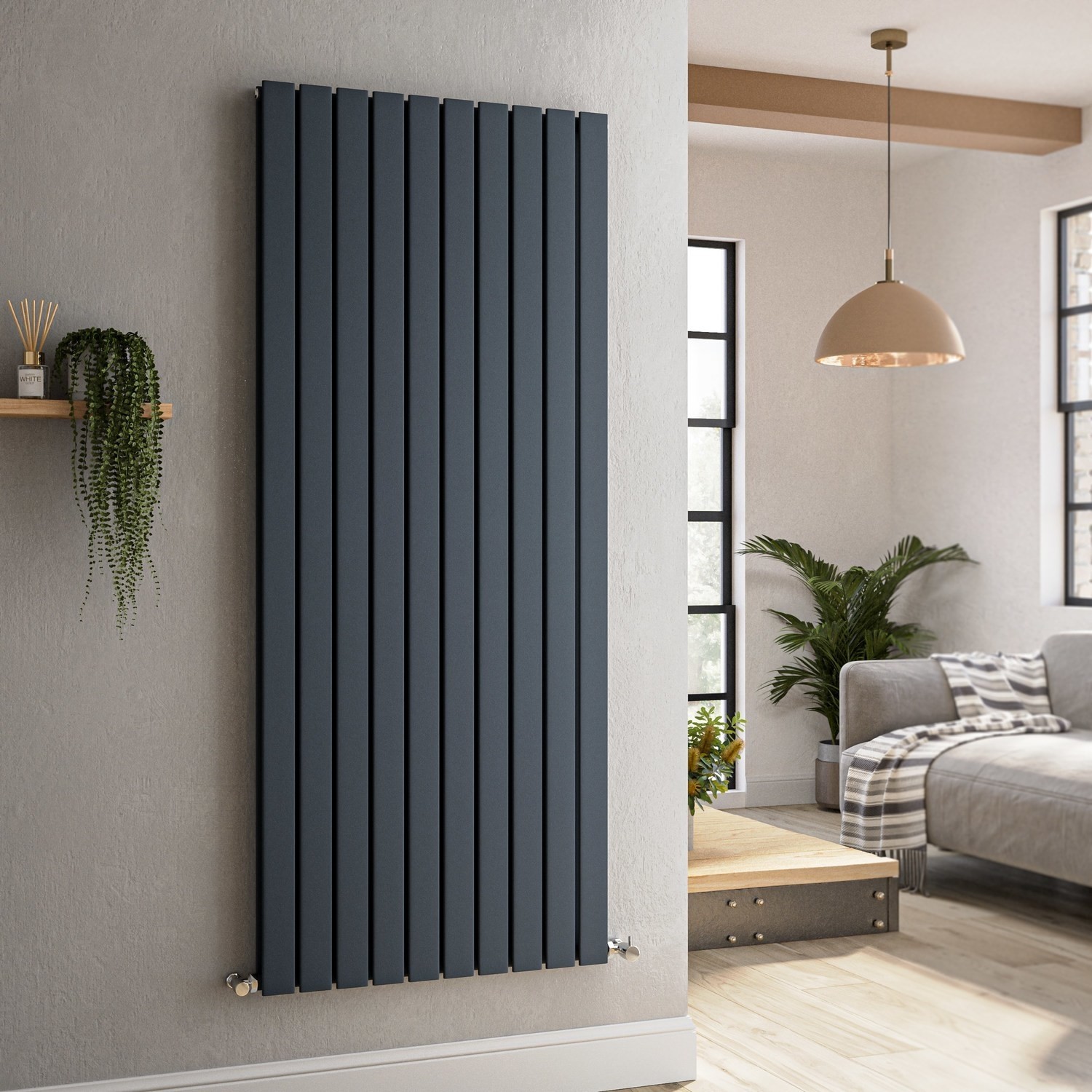 Riace Anthracite Vertical Flat Designer Radiator 1600X680mm Double Panel 6145 Btu VD10-1600-DGCF - Image 3