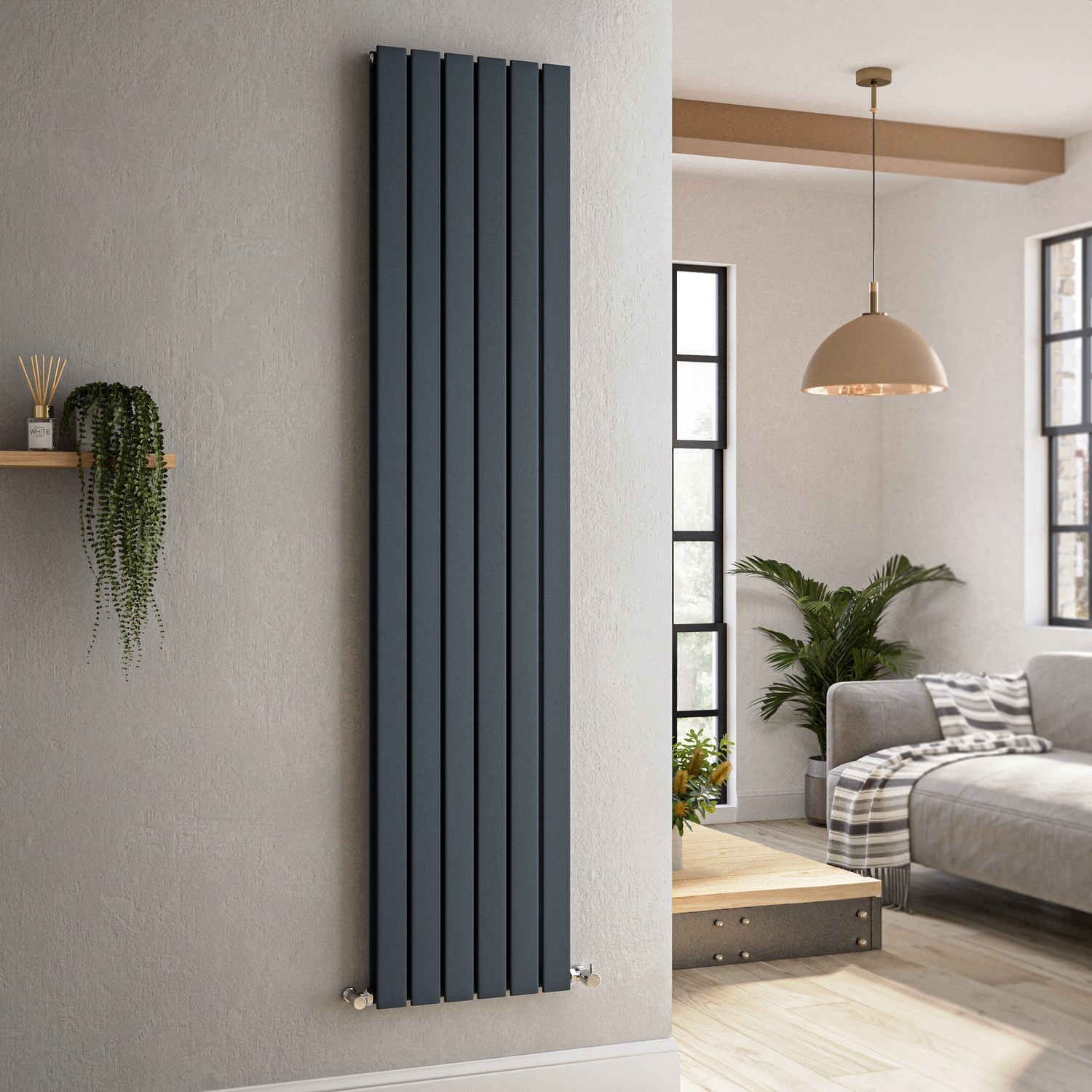 Riace Anthracite Vertical Flat Designer Radiator 1800X408mm Double Panel 4168 Btu VD6-1800-DGCF - Image 3