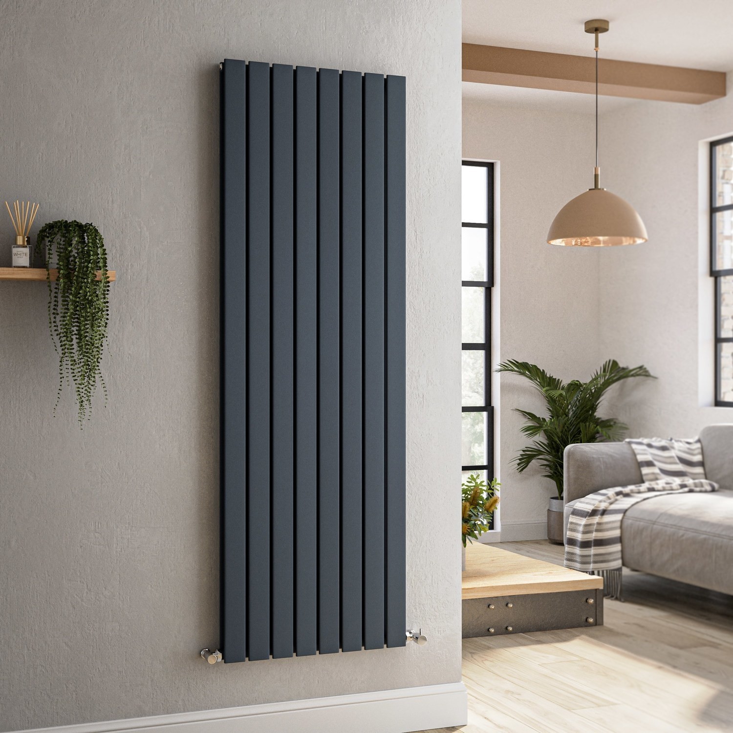 Riace Anthracite Vertical Flat Designer Radiator 1600X544mm Double Panel 4916 Btu VD8-1600-DGCF - Image 3