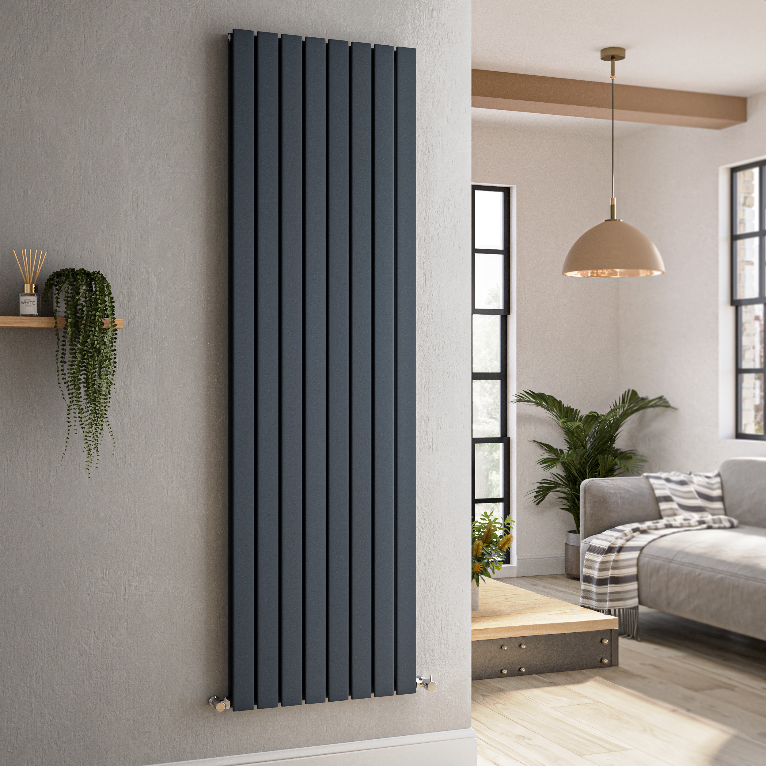 Riace Anthracite Vertical Flat Designer Radiator 1800X544mm Double Panel 5557 Btu VD8-1800-DGCF - Image 3