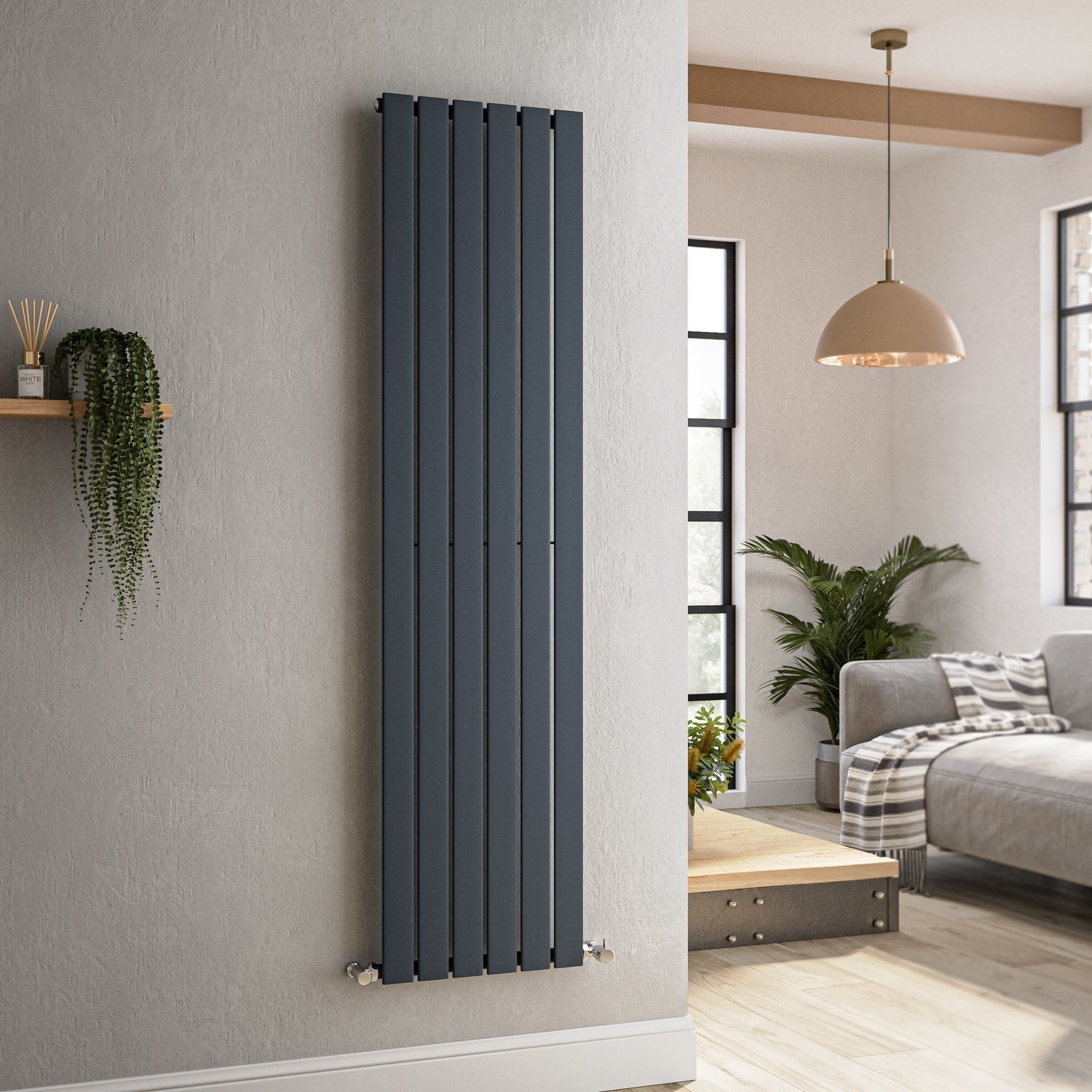 Riace Anthracite Vertical Flat Designer Radiator 1600X408mm Single Panel 2442 Btu - Image 3