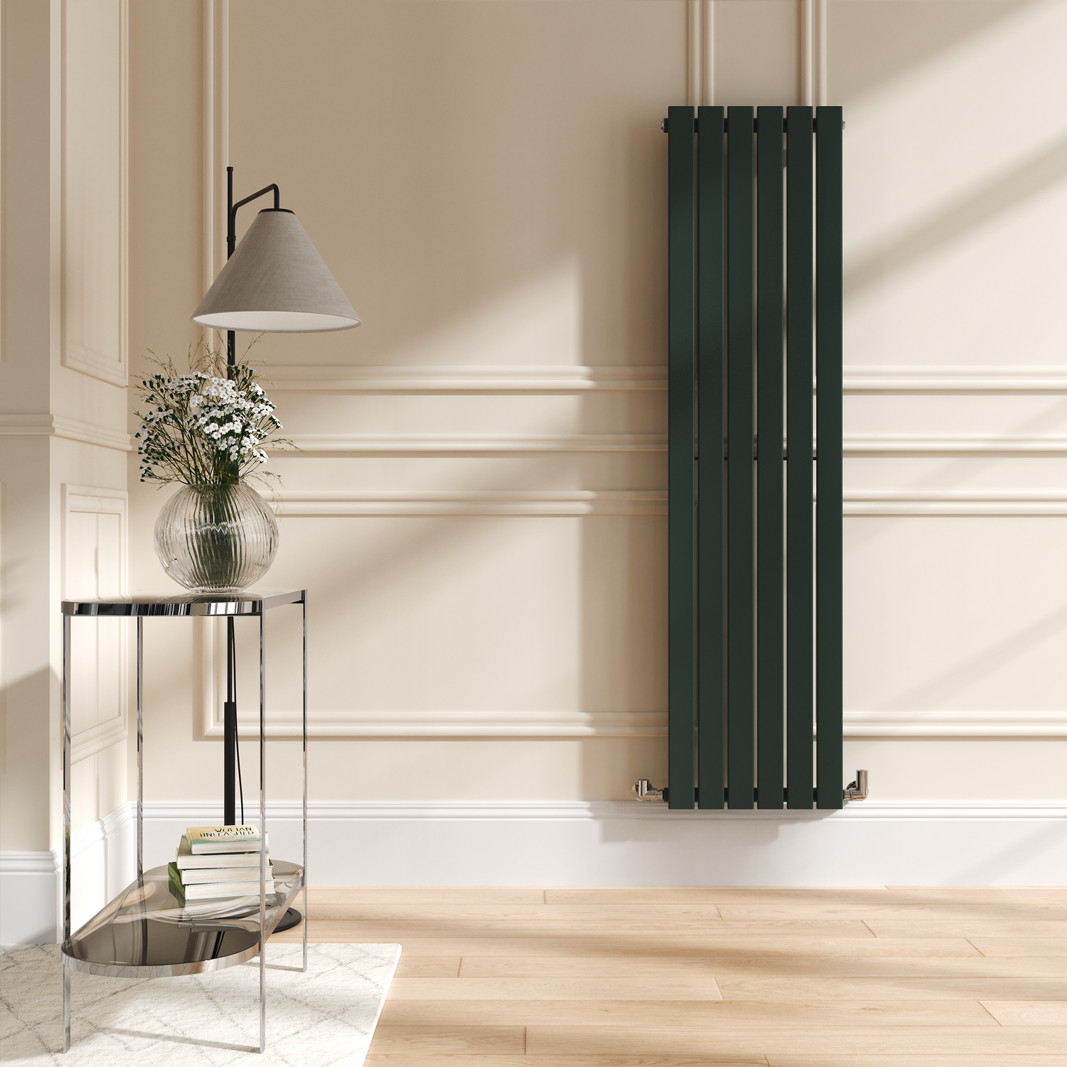 Riace Green Ever Vertical Flat Designer Radiator 1600X408mm Single Panel 2442 Btu