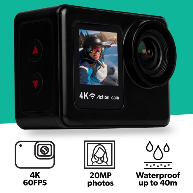 4K 60 FPS Wifi Dual Screen Waterproof Sports Action Camera - Anti Shake  Technology and Full Accessory Kit